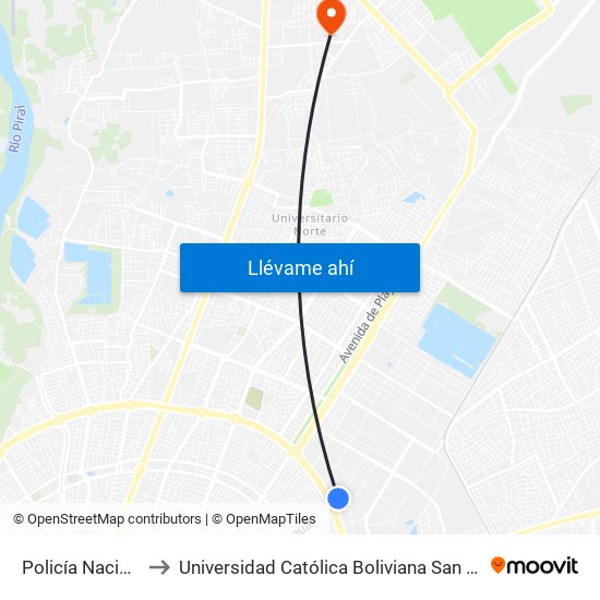 Policía Nacional to Universidad Católica Boliviana San Pablo map