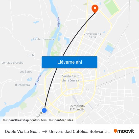 Doble Vía La Guardia, 7 to Universidad Católica Boliviana San Pablo map