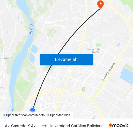 Av. Castedo Y Av. Banzer to Universidad Católica Boliviana San Pablo map