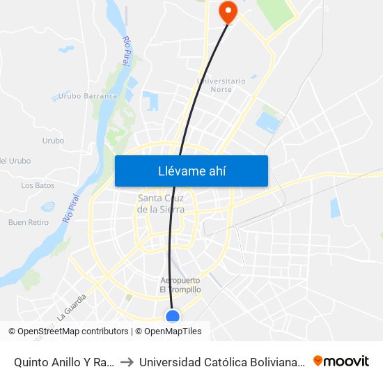 Quinto Anillo Y Radial 13 to Universidad Católica Boliviana San Pablo map