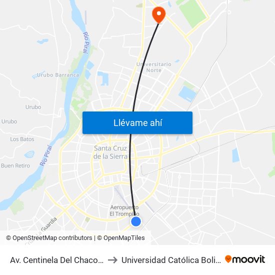 Av. Centinela Del Chaco Y Quinto Anillo to Universidad Católica Boliviana San Pablo map