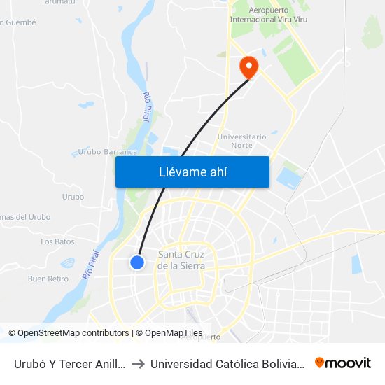 Urubó Y Tercer Anillo Interno to Universidad Católica Boliviana San Pablo map