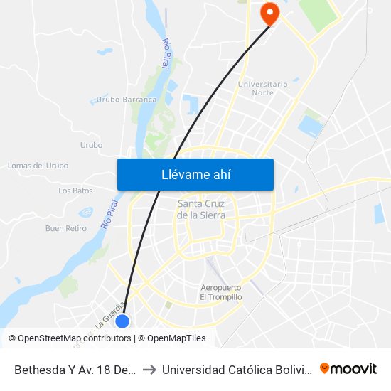 Bethesda Y Av. 18 De Noviembre to Universidad Católica Boliviana San Pablo map