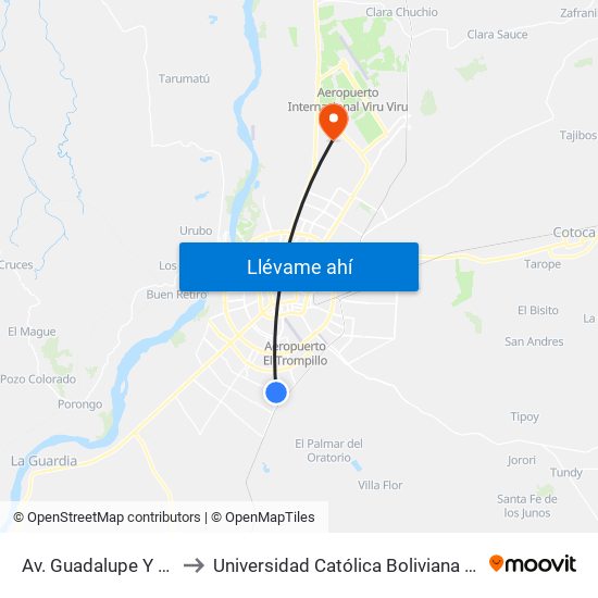 Av. Guadalupe Y Calle 4 to Universidad Católica Boliviana San Pablo map