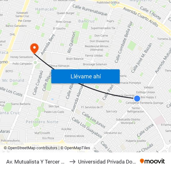 Av. Mutualista Y Tercer Anillo Interno to Universidad Privada Domingo Savio map