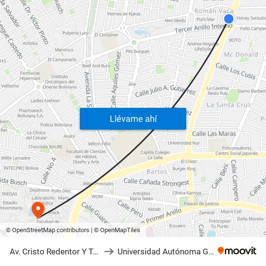 Av. Cristo Redentor Y Tercer Anillo Interno to Universidad Autónoma Gabriel René Moreno map