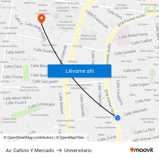 Av. Cañoto Y Mercado to Universitario map