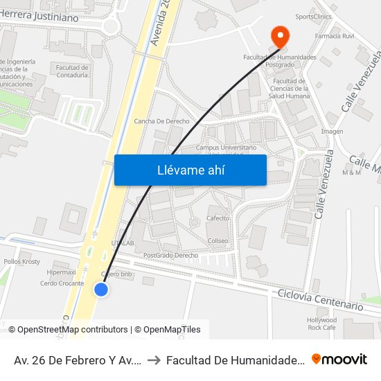 Av. 26 De Febrero Y Av. Centenario to Facultad De Humanidades Postgrado map