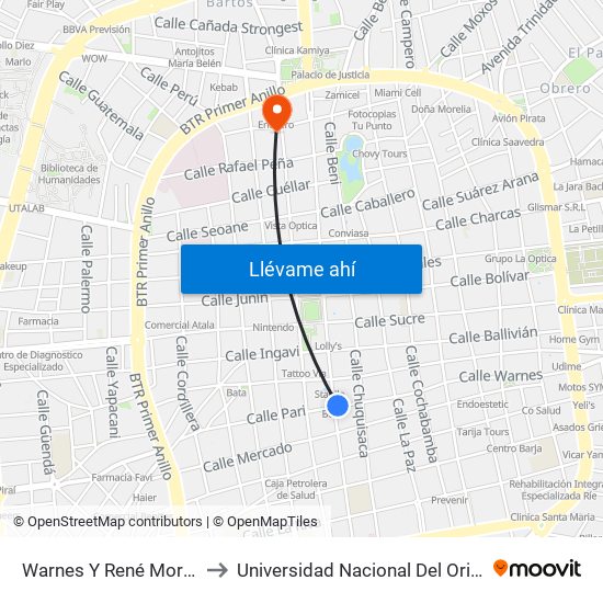 Warnes Y René Moreno to Universidad Nacional Del Oriente map