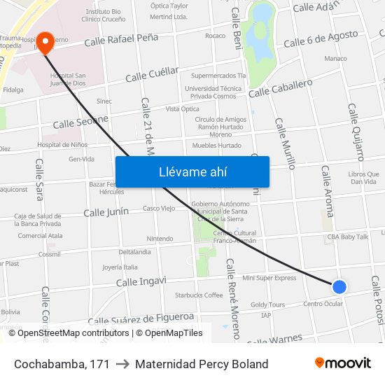 Cochabamba, 171 to Maternidad Percy Boland map