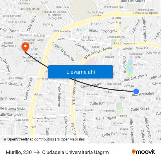 Murillo, 230 to Ciudadela Universitaria Uagrm map