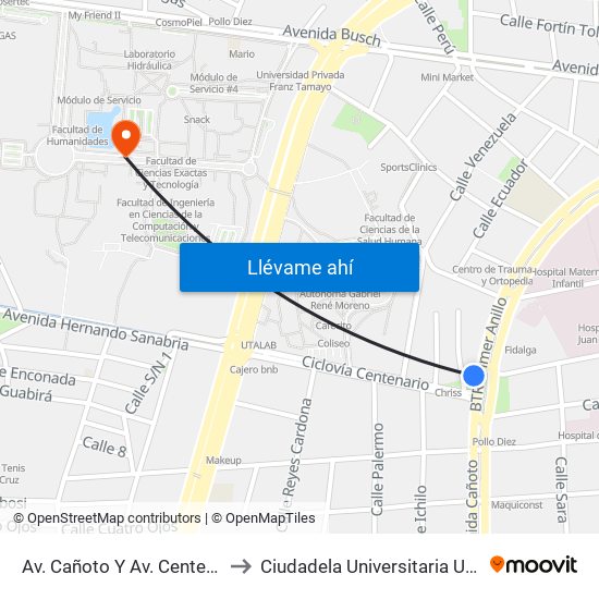 Av. Cañoto Y Av. Centenario to Ciudadela Universitaria Uagrm map