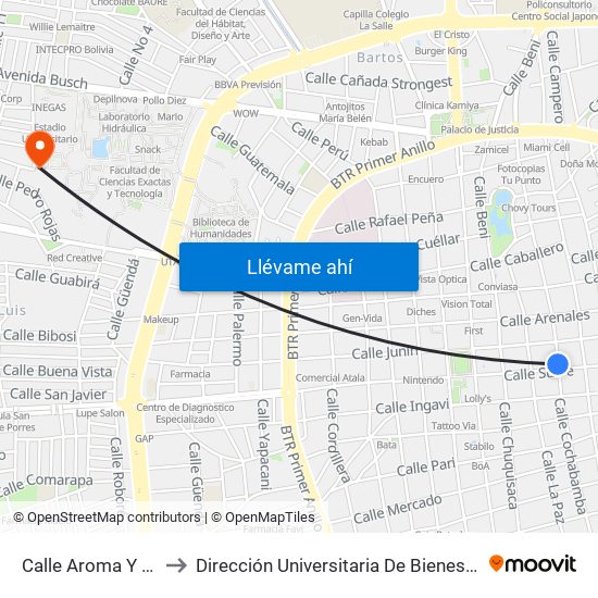 Calle Aroma Y Sucre to Dirección Universitaria De Bienestar Social map