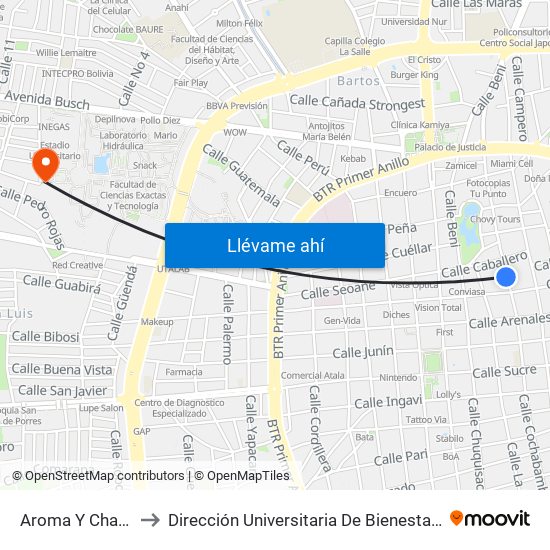 Aroma Y Charcas to Dirección Universitaria De Bienestar Social map