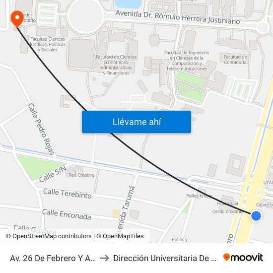 Av. 26 De Febrero Y Av. Centenario to Dirección Universitaria De Bienestar Social map