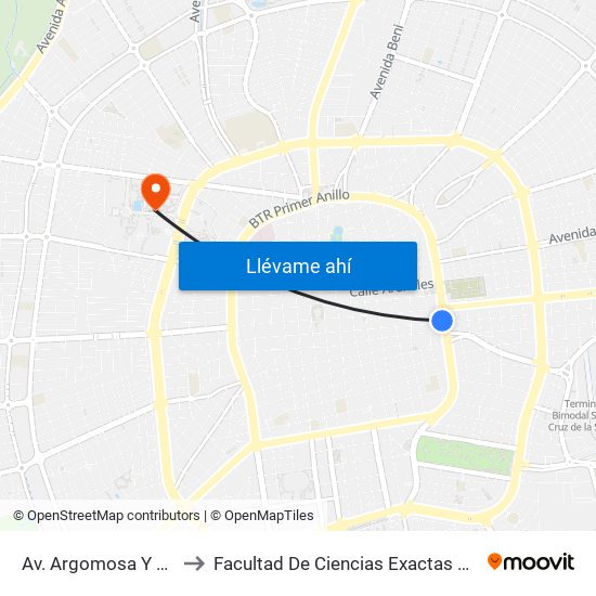 Av. Argomosa Y Ballivián to Facultad De Ciencias Exactas Y Tecnología map