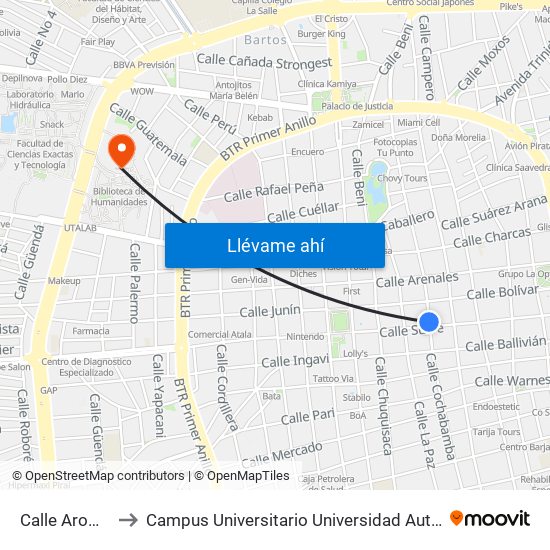 Calle Aroma Y Sucre to Campus Universitario Universidad Autónoma Gabriel René Moreno map