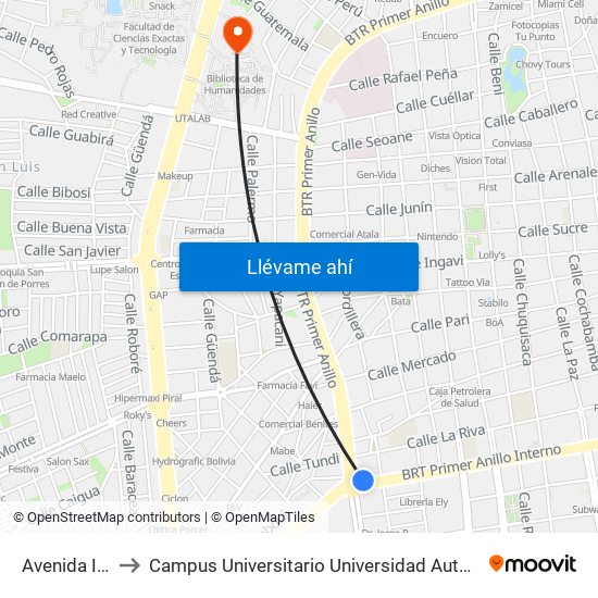 Avenida Irala, 711 to Campus Universitario Universidad Autónoma Gabriel René Moreno map