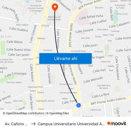 Av. Cañoto Y Av. Grigotá to Campus Universitario Universidad Autónoma Gabriel René Moreno map