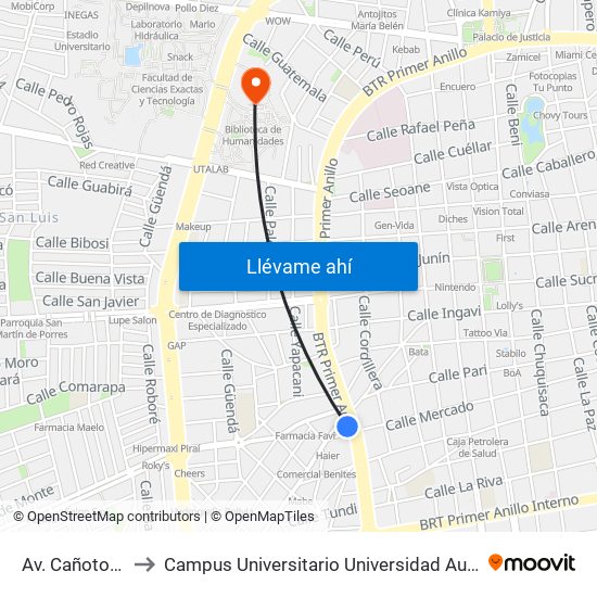 Av. Cañoto Y Montero to Campus Universitario Universidad Autónoma Gabriel René Moreno map