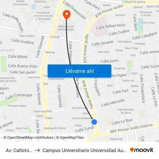 Av. Cañoto E Itatines to Campus Universitario Universidad Autónoma Gabriel René Moreno map