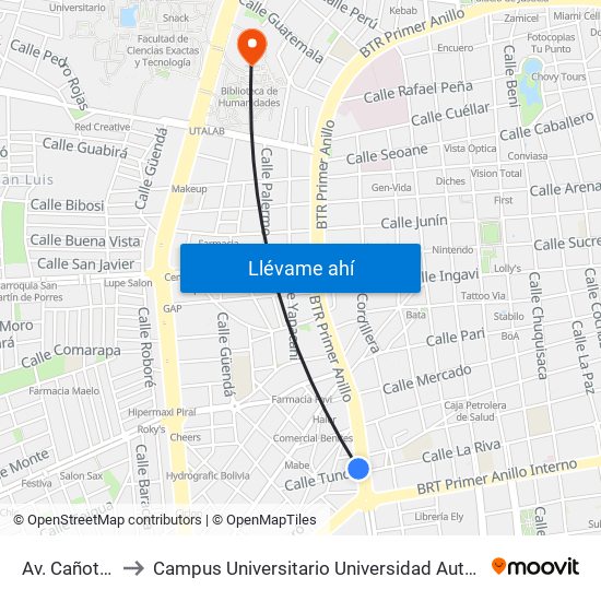 Av. Cañoto Y Tundi to Campus Universitario Universidad Autónoma Gabriel René Moreno map