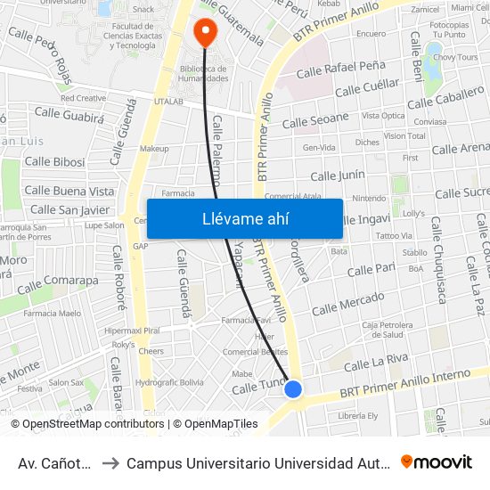 Av. Cañoto Y Chané to Campus Universitario Universidad Autónoma Gabriel René Moreno map
