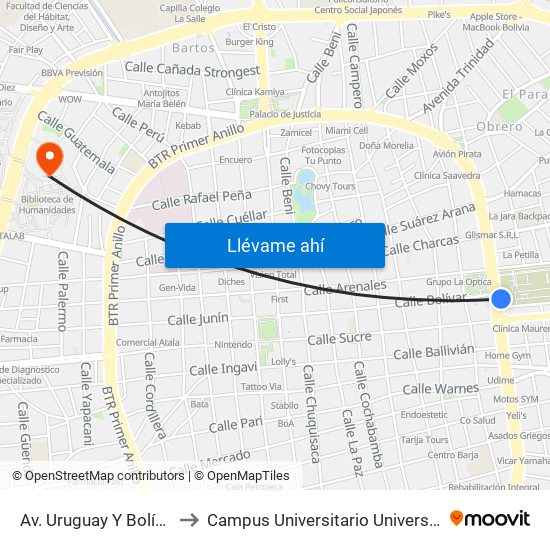 Av. Uruguay Y Bolívar (Cementerio General) to Campus Universitario Universidad Autónoma Gabriel René Moreno map