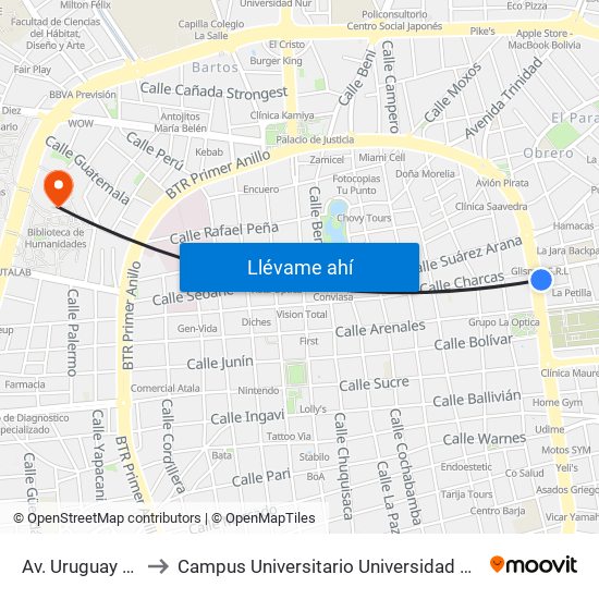 Av. Uruguay Y Av. Charcas to Campus Universitario Universidad Autónoma Gabriel René Moreno map