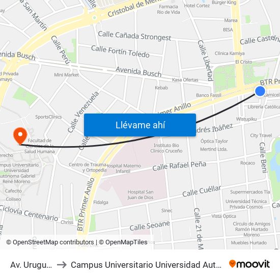 Av. Uruguay Y Beni to Campus Universitario Universidad Autónoma Gabriel René Moreno map