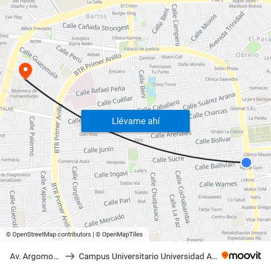 Av. Argomosa Y Ballivián to Campus Universitario Universidad Autónoma Gabriel René Moreno map