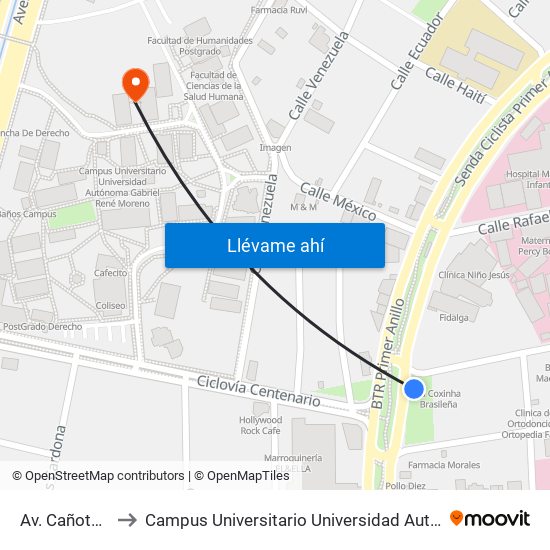 Av. Cañoto Y Cuéllar to Campus Universitario Universidad Autónoma Gabriel René Moreno map
