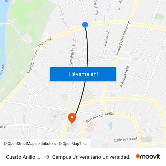 Cuarto Anillo Y Av. Justiniano to Campus Universitario Universidad Autónoma Gabriel René Moreno map