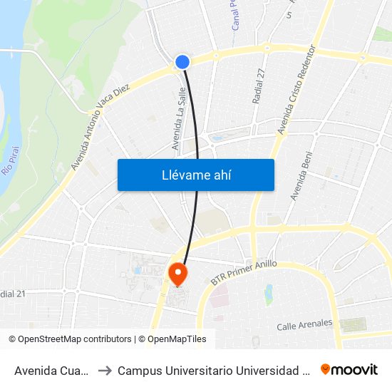 Avenida Cuarto Anillo, 777 to Campus Universitario Universidad Autónoma Gabriel René Moreno map