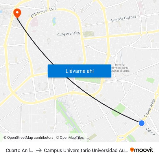 Cuarto Anillo Y Calle A to Campus Universitario Universidad Autónoma Gabriel René Moreno map