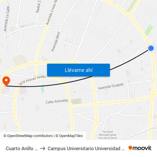 Cuarto Anillo Y Av. Paraguá to Campus Universitario Universidad Autónoma Gabriel René Moreno map