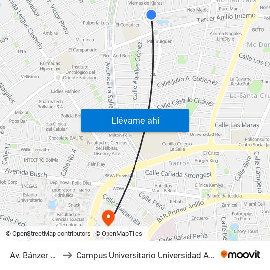 Av. Bánzer Y Justiniano to Campus Universitario Universidad Autónoma Gabriel René Moreno map