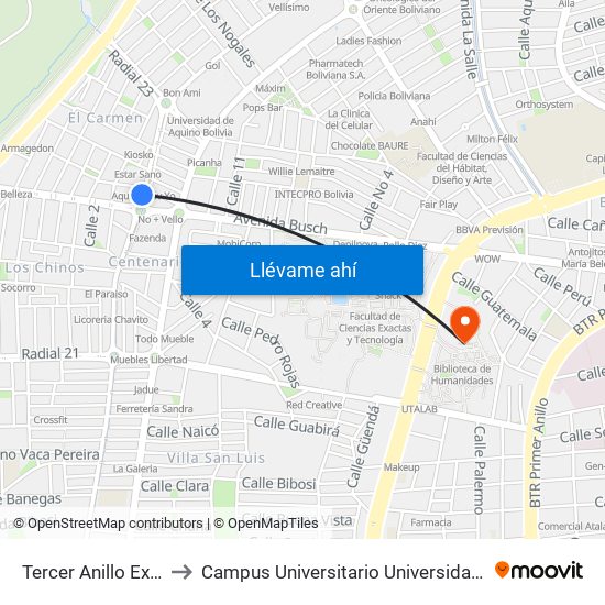 Tercer Anillo Externo Y Av. Busch to Campus Universitario Universidad Autónoma Gabriel René Moreno map