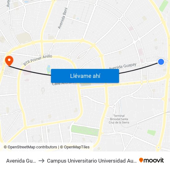 Avenida Guapay, 3891 to Campus Universitario Universidad Autónoma Gabriel René Moreno map