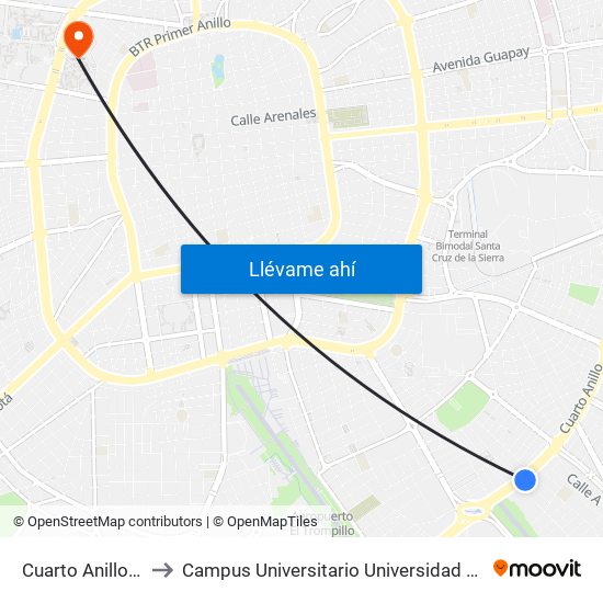 Cuarto Anillo Y Av. Da Vinci to Campus Universitario Universidad Autónoma Gabriel René Moreno map