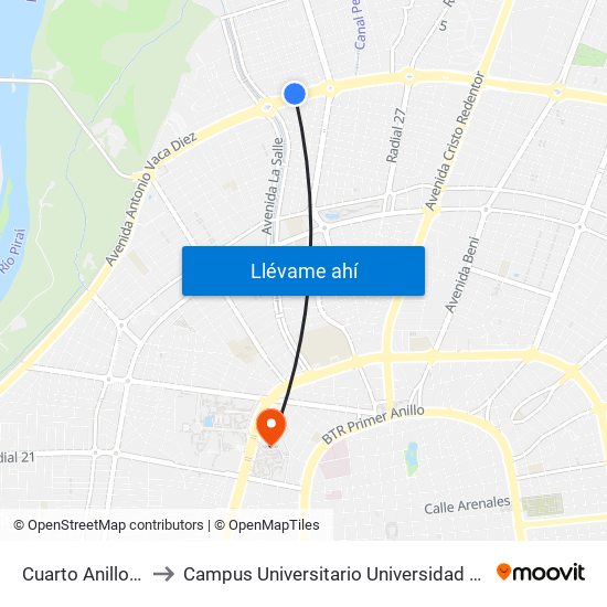 Cuarto Anillo Y Av. Oriental to Campus Universitario Universidad Autónoma Gabriel René Moreno map