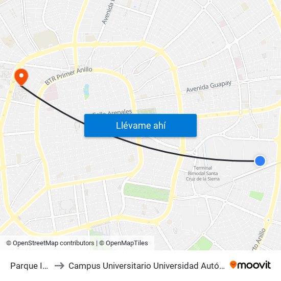 Parque Industrial to Campus Universitario Universidad Autónoma Gabriel René Moreno map