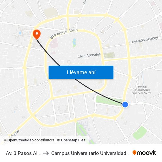 Av. 3 Pasos Al Frente Y Colpa to Campus Universitario Universidad Autónoma Gabriel René Moreno map