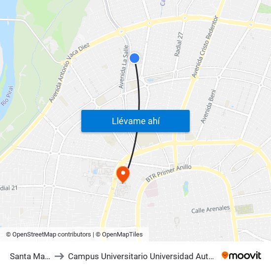 Santa María, 8105 to Campus Universitario Universidad Autónoma Gabriel René Moreno map