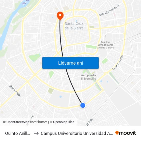 Quinto Anillo Y Radial 13 to Campus Universitario Universidad Autónoma Gabriel René Moreno map