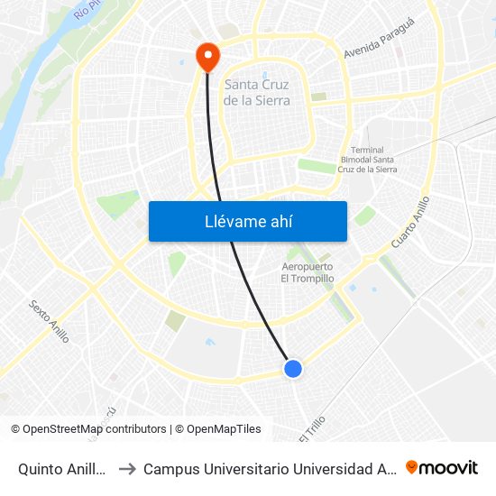 Quinto Anillo Y Radial 13 to Campus Universitario Universidad Autónoma Gabriel René Moreno map