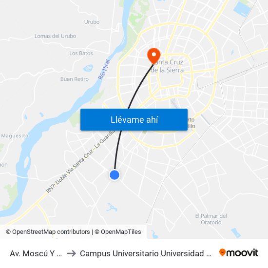 Av. Moscú Y Octavo Anillo to Campus Universitario Universidad Autónoma Gabriel René Moreno map