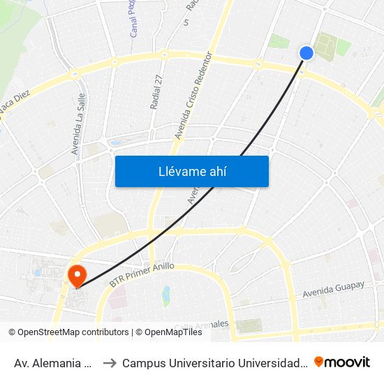 Av. Alemania Y Lucía Mercado to Campus Universitario Universidad Autónoma Gabriel René Moreno map