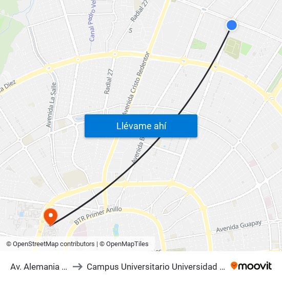 Av. Alemania Y Quinto Anillo to Campus Universitario Universidad Autónoma Gabriel René Moreno map