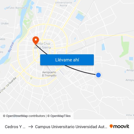 Cedros Y Primavera to Campus Universitario Universidad Autónoma Gabriel René Moreno map